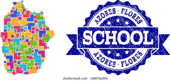 Mosaic puzzle map of Azores - Flores Island and scratched school stamp with ribbon. Vector map of Azores - Flores Island constructed with bright colored square and corner blocks.