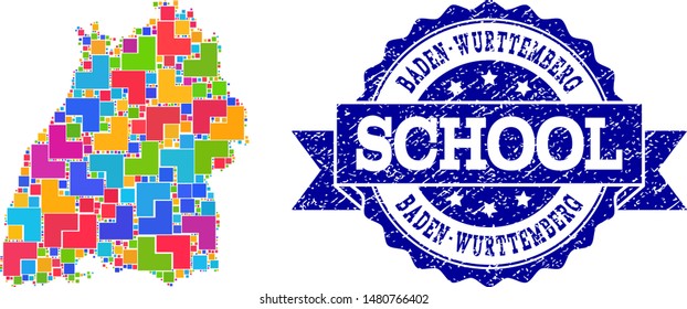 Mosaic puzzle map of Baden-Wurttemberg State and unclean school seal with ribbon. Vector map of Baden-Wurttemberg State designed with colorful square and corner blocks.