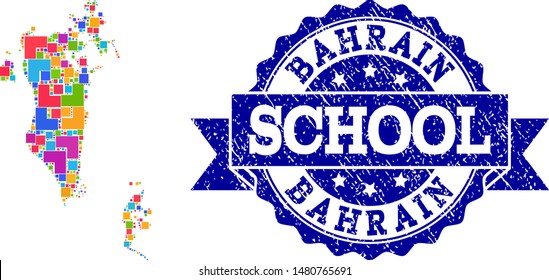 Mosaic puzzle map of Bahrain and rubber school seal with ribbon. Vector map of Bahrain designed with colorful square and corner blocks. Vector imprint with unclean rubber texture, and school text.