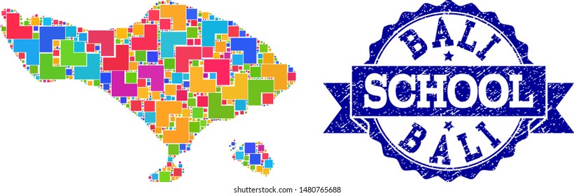 Mosaic puzzle map of Bali Island and rubber school seal with ribbon. Vector map of Bali Island designed with colorful square and corner blocks. Vector seal with grunge rubber texture,