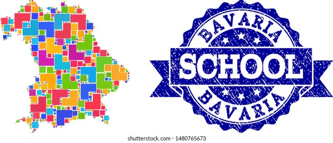 Mosaic puzzle map of Bavaria State and rubber school seal with ribbon. Vector map of Bavaria State constructed with colorful square and corner blocks. Vector watermark with grunge rubber texture,