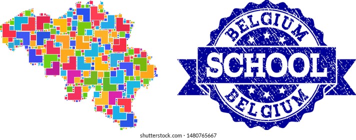 Mosaic puzzle map of Belgium and rubber school seal stamp with ribbon. Vector map of Belgium constructed with colorful square and corner elements. Vector seal with corroded rubber texture,