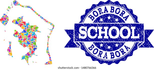 Mosaic puzzle map of Bora-Bora and rubber school seal with ribbon. Vector map of Bora-Bora constructed with bright colored square and corner blocks. Vector seal with corroded rubber texture,
