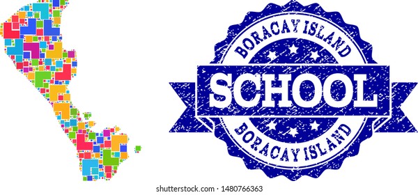 Mosaic puzzle map of Boracay Island and rubber school seal with ribbon. Vector map of Boracay Island constructed with colorful square and corner elements. Vector imprint with unclean rubber texture,