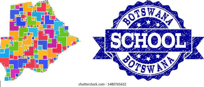 Mosaic puzzle map of Botswana and rubber school stamp with ribbon. Vector map of Botswana constructed with colorful square and corner blocks. Vector seal with corroded rubber texture,