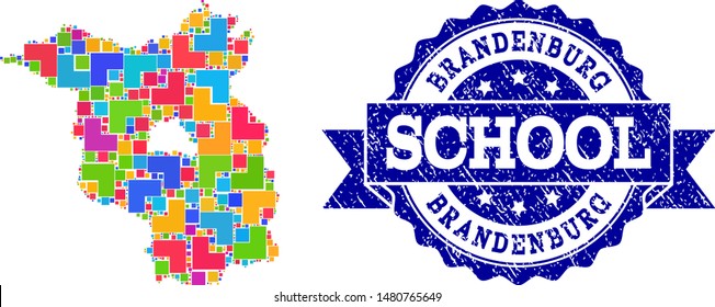 Mosaic puzzle map of Brandenburg State and scratched school seal stamp with ribbon. Vector map of Brandenburg State constructed with colorful square and corner elements.