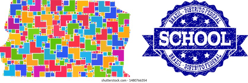 Mosaic puzzle map of Brazil - Distrito Federal and grunge school seal stamp with ribbon. Vector map of Brazil - Distrito Federal designed with colorful square and corner blocks.