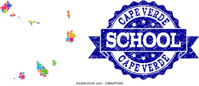 Mosaic puzzle map of Cape Verde Islands and unclean school seal stamp with ribbon. Vector map of Cape Verde Islands designed with bright colored square and corner elements.