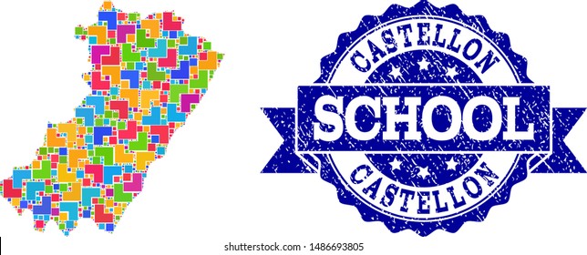 Mosaic puzzle map of Castellon Province and corroded school seal stamp with ribbon. Vector map of Castellon Province constructed with colorful square and corner blocks.