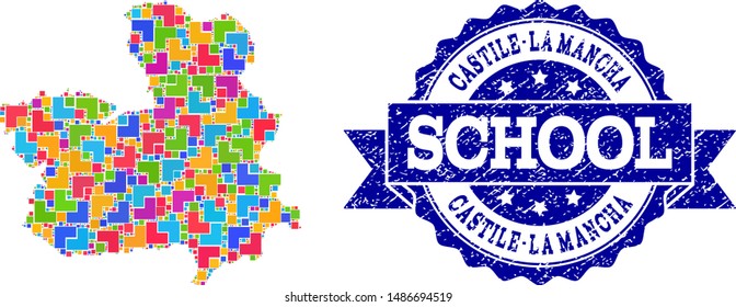 Mosaic puzzle map of Castile-La Mancha Province and rubber school seal stamp with ribbon. Vector map of Castile-La Mancha Province designed with bright colored square and corner elements.