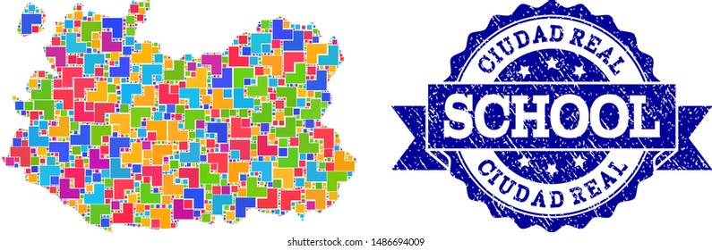 Mosaic puzzle map of Ciudad Real Province and corroded school seal stamp with ribbon. Vector map of Ciudad Real Province designed with bright colored square and corner blocks.