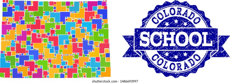 Mosaic puzzle map of Colorado State and grunge school seal stamp with ribbon. Vector map of Colorado State designed with colorful square and corner blocks. Vector seal with grunge rubber texture,