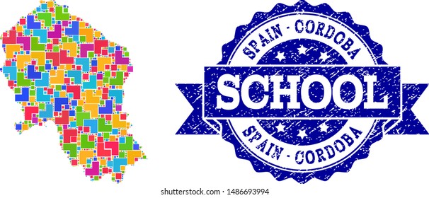 Mosaic puzzle map of Cordoba Spanish Province and dirty school seal stamp with ribbon. Vector map of Cordoba Spanish Province constructed with bright colored square and corner blocks.