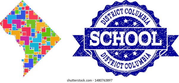 Mosaic puzzle map of District Columbia and corroded school seal stamp with ribbon. Vector map of District Columbia constructed with bright colored square and corner elements.