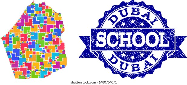 Mosaic puzzle map of Dubai Emirate and rubber school stamp with ribbon. Vector map of Dubai Emirate constructed with bright colored square and corner blocks.