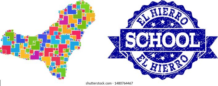 Mosaic puzzle map of El Hierro Island and rubber school stamp with ribbon. Vector map of El Hierro Island designed with bright colored square and corner elements.