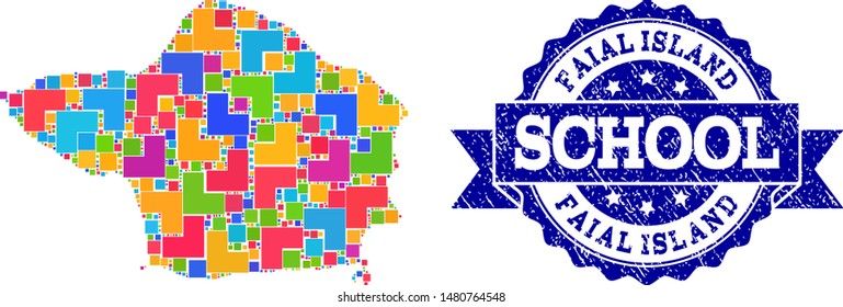 Mosaic puzzle map of Faial Island and grunge school seal stamp with ribbon. Vector map of Faial Island designed with bright colored square and corner blocks. Vector seal with grunge rubber texture,