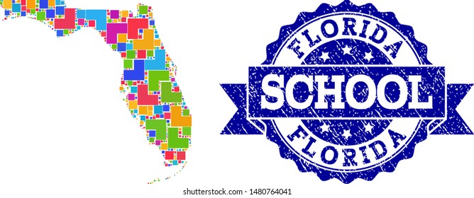 Mosaic puzzle map of Florida State and scratched school stamp with ribbon. Vector map of Florida State constructed with colorful square and corner blocks.