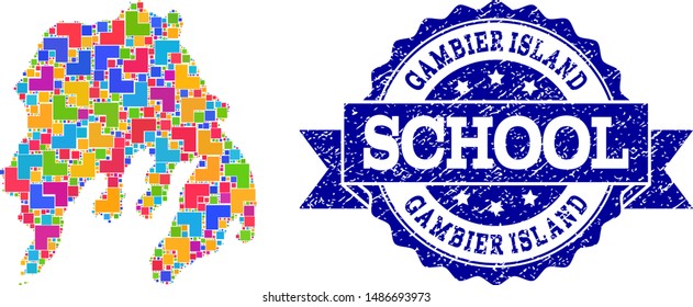 Mosaic puzzle map of Gambier Island and rubber school seal stamp with ribbon. Vector map of Gambier Island designed with bright colored square and corner elements.