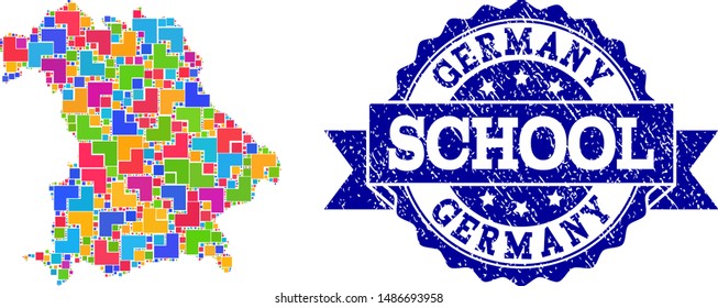 Mosaic puzzle map of Germany and dirty school seal with ribbon. Vector map of Germany designed with colorful square and corner elements. Vector seal with scratched rubber texture, and school text.