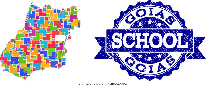 Mosaic puzzle map of Goias State and grunge school seal with ribbon. Vector map of Goias State designed with colorful square and corner elements. Vector seal with distress rubber texture,