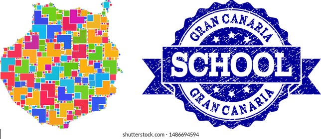 Mosaic puzzle map of Gran Canaria and grunge school stamp with ribbon. Vector map of Gran Canaria designed with bright colored square and corner elements. Vector imprint with grunge rubber texture,