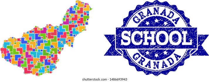 Mosaic puzzle map of Granada Province and scratched school seal with ribbon. Vector map of Granada Province constructed with colorful square and corner elements.