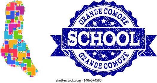 Mosaic puzzle map of Grande Comore Island and rubber school seal with ribbon. Vector map of Grande Comore Island designed with colorful square and corner blocks.