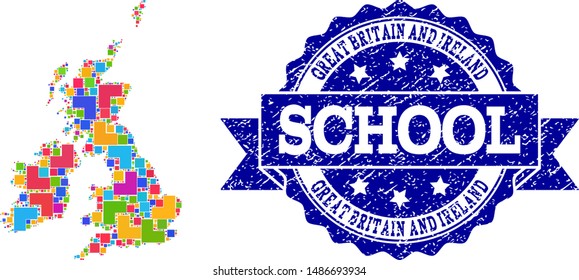 Mosaic puzzle map of Great Britain and Ireland and rubber school seal with ribbon. Vector map of Great Britain and Ireland constructed with bright colored square and corner elements.