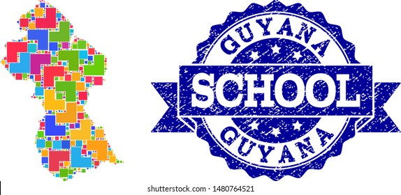 Mosaic puzzle map of Guyana and scratched school seal stamp with ribbon. Vector map of Guyana designed with bright colored square and corner elements. Vector seal with scratched rubber texture,
