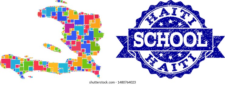Mosaic puzzle map of Haiti and grunge school seal stamp with ribbon. Vector map of Haiti constructed with colorful square and corner blocks. Vector seal with grunge rubber texture, and school title.