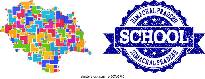 Mosaic puzzle map of Himachal Pradesh State and rubber school seal with ribbon. Vector map of Himachal Pradesh State designed with bright colored square and corner blocks.