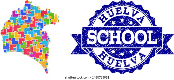 Mosaic puzzle map of Huelva Province and corroded school seal with ribbon. Vector map of Huelva Province designed with bright colored square and corner blocks.