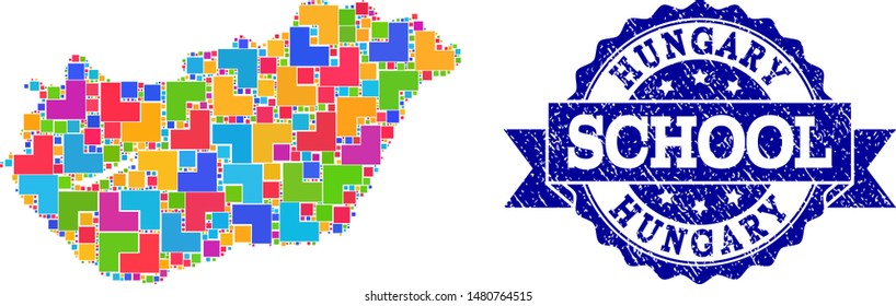 Mosaic puzzle map of Hungary and rubber school seal stamp with ribbon. Vector map of Hungary constructed with colorful square and corner blocks. Vector seal with unclean rubber texture,