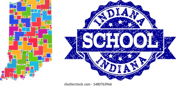 Mosaic puzzle map of Indiana State and scratched school seal stamp with ribbon. Vector map of Indiana State constructed with bright colored square and corner elements.