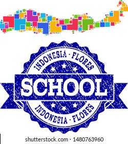 Mosaic puzzle map of Indonesia - Flores Island and unclean school seal stamp with ribbon. Vector map of Indonesia - Flores Island constructed with colorful square and corner blocks.