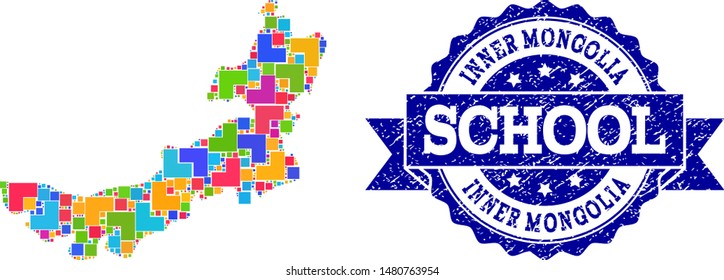 Mosaic puzzle map of Inner Mongolia and scratched school seal with ribbon. Vector map of Inner Mongolia designed with colorful square and corner elements. Vector seal with scratched rubber texture,