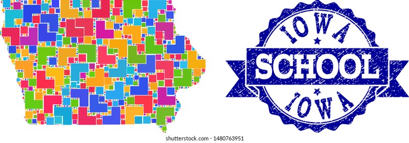 Mosaic puzzle map of Iowa State and corroded school seal with ribbon. Vector map of Iowa State designed with bright colored square and corner blocks. Vector seal with distress rubber texture,