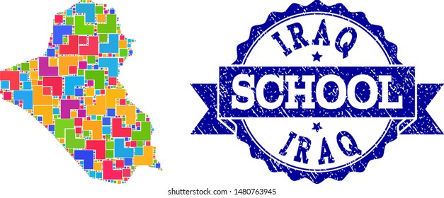 Mosaic puzzle map of Iraq and grunge school seal stamp with ribbon. Vector map of Iraq designed with colorful square and corner blocks. Vector seal with unclean rubber texture, and school title.