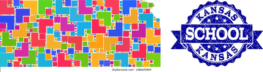 Mosaic puzzle map of Kansas State and scratched school seal with ribbon. Vector map of Kansas State constructed with colorful square and corner blocks. Vector seal with corroded rubber texture,
