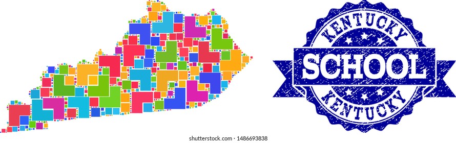 Mosaic puzzle map of Kentucky State and unclean school stamp with ribbon. Vector map of Kentucky State constructed with bright colored square and corner elements.