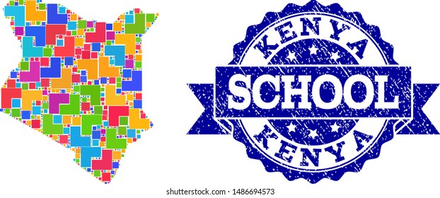Mosaic puzzle map of Kenya and rubber school seal with ribbon. Vector map of Kenya constructed with bright colored square and corner blocks. Vector seal with distress rubber texture, and school text.