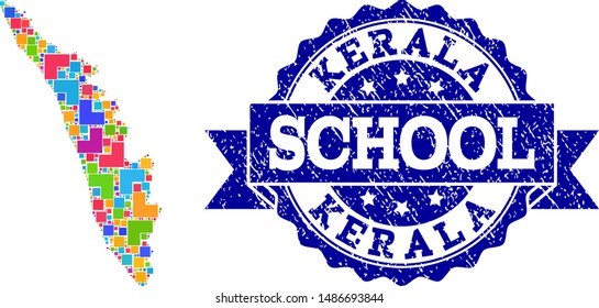 Mosaic puzzle map of Kerala State and textured school seal with ribbon. Vector map of Kerala State constructed with bright colored square and corner blocks. Vector seal with unclean rubber texture,