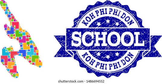 Mosaic puzzle map of Koh Phi Don and grunge school seal stamp with ribbon. Vector map of Koh Phi Don constructed with bright colored square and corner elements.