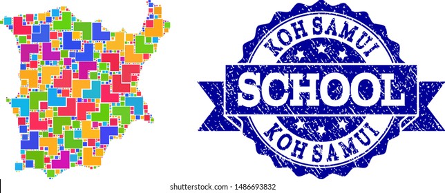 Mosaic puzzle map of Koh Samui and rubber school seal with ribbon. Vector map of Koh Samui designed with colorful square and corner elements. Vector seal with grunge rubber texture,