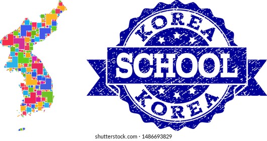 Mosaic puzzle map of Korea and rubber school seal stamp with ribbon. Vector map of Korea constructed with bright colored square and corner blocks. Vector watermark with scratched rubber texture,