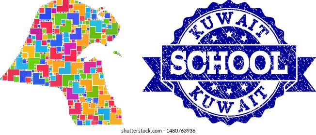 Mosaic puzzle map of Kuwait and grunge school seal with ribbon. Vector map of Kuwait designed with bright colored square and corner blocks. Vector seal with grunge rubber texture, and school text.