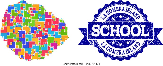 Mosaic puzzle map of La Gomera Island and unclean school seal stamp with ribbon. Vector map of La Gomera Island designed with bright colored square and corner elements.