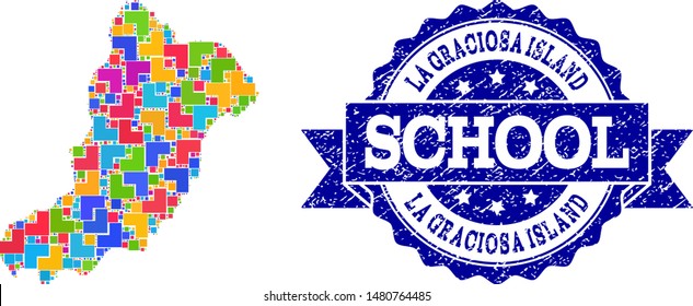 Mosaic puzzle map of La Graciosa Island and scratched school stamp with ribbon. Vector map of La Graciosa Island constructed with colorful square and corner blocks.