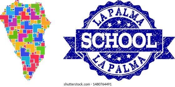 Mosaic puzzle map of La Palma Island and rubber school seal with ribbon. Vector map of La Palma Island designed with colorful square and corner elements. Vector seal with corroded rubber texture,